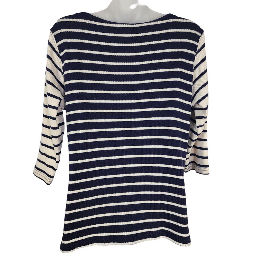 LL Bean Womens Top Small Reg French Sailor Knit Blue Stripe 3/4 Sleeve Boatneck - Picture 2 of 8